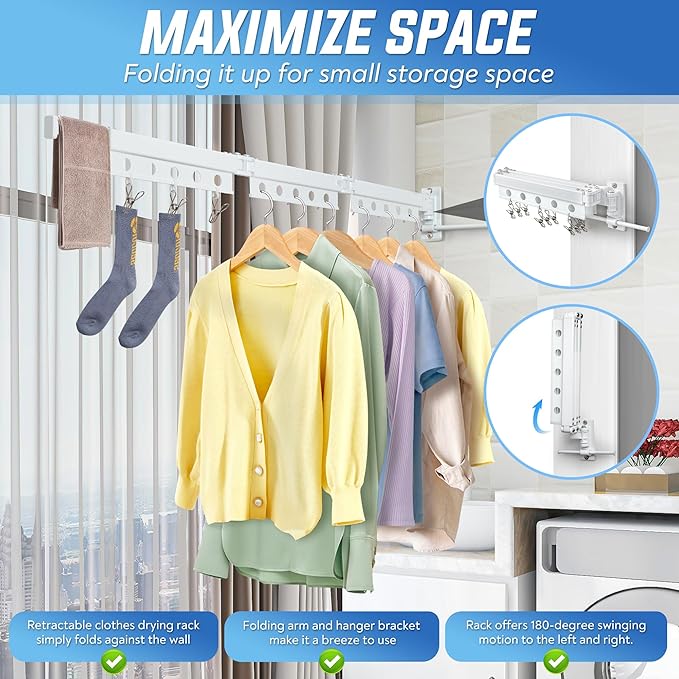 Clothes Drying Rack Wall Mounted, Retractable Space-Saving Foldable Laundry Drying Rack for Indoor & Outdoor Use - Laundry Rooms, Bathroom & Balconies,Includes 10 Clothespins(White)-Ruum Studio Home