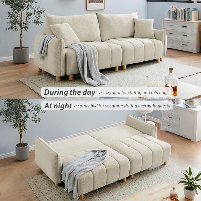 Convertible Sofa Bed, 90" Full Size Sleeper Sofa with Storage, Tufted Chenille 3 Seat Sofa Couches for Living Room, Small Spaces, Guest Room, Apartment, Beige-Ruum Studio Home