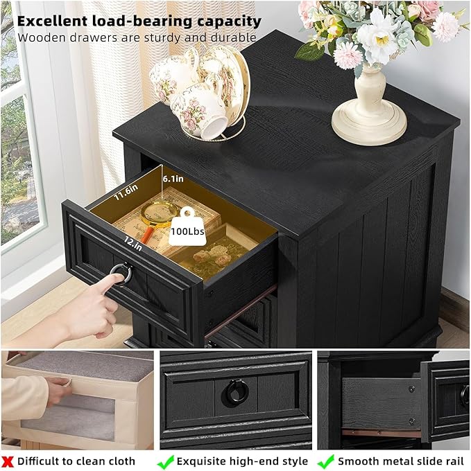 18" Night Stands Set of 2 with Charging Station, Farmhouse 2 & 3 Drawers End Table Dresser for Bedroom, Black Wooden Nightstand, Bed Side Table with Open Shelf, Bedside Cabinet for Living Room-Ruum Studio Home