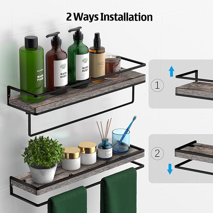 Meangood Floating Shelves Wall Mounted Set of 2, Wall Shelf with Towel Bar Rustic Wood Wall Storage Shelves for Bedroom,Living Room,Bathroom, Kitchen Pine-Ruum Studio Home
