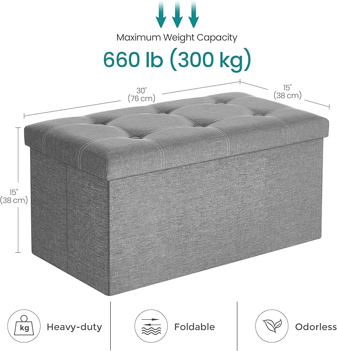 SONGMICS MAZIE Collection - 30 Inches Ottoman Storage Bench, 21 Gal. Folding Chest with Breathable Linen-Look Fabric, Load up to 660 lb, for Entryway, Living Room, Bedroom, Light Gray ULSF001G02-Ruum Studio Home