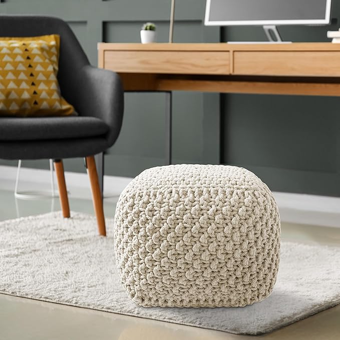 Casafield Square Pouf Ottoman, Natural - 18.5" W x 18.5" D x 14.5" H Cotton Knit Foot Stool - Boho Floor Pouffe for Living Room, Bedroom, Home Office-Ruum Studio Home