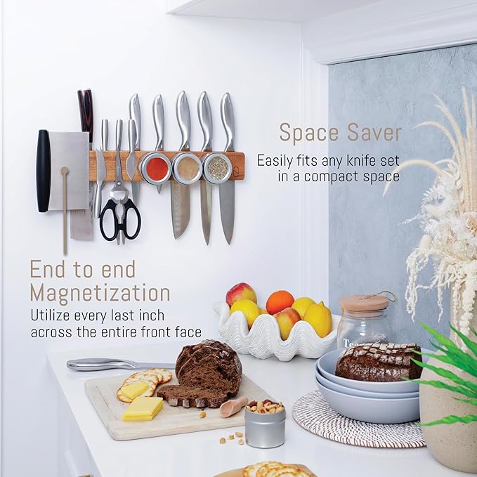 Premium 10 inch Magnetic Knife Holder for Wall with 2x Storage & Charming Wood - Knife Magnetic Strip, Under Cabinet Magnet Knives Storage - Magnet Strip Rack Kitchen Utensil Holder Organizer Tool-Ruum Studio Home