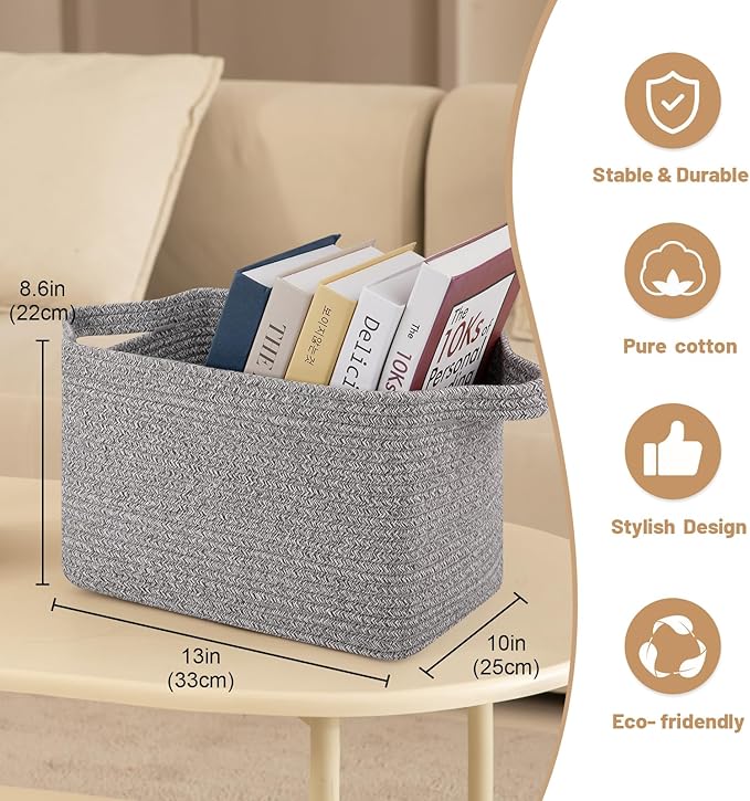 OIAHOMY Storage Basket, Woven Baskets for Storage, Cotton Rope Basket for toys,Towel Baskets for Bathroom - Pack of 3, Light Grey-Ruum Studio Home