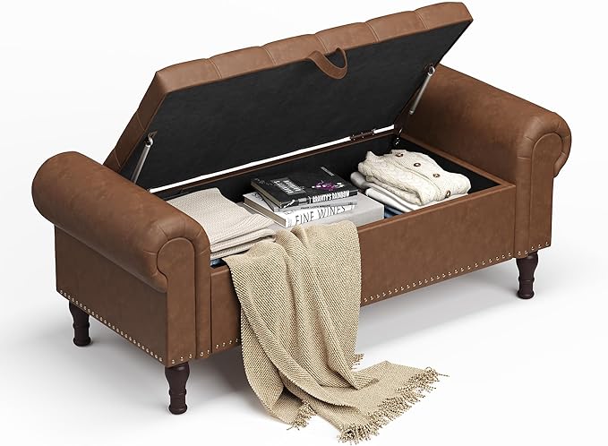 51" Storage Ottoman Bench for Bedroom, Full Queen Storage Bench with Button, Upholstered Bedroom Bench with Rolled Arms for Living Room, Storage Room, Entryway, Brown-Ruum Studio Home
