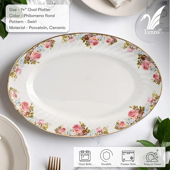 Lynns Paradise Philomena 14-Inch Oval Platter, Set of 2, Pink; Heavy Duty; Chip Resistant; Lead and Cadmium Free; Freezer to Oven Safe up to 500°F-Ruum Studio Home