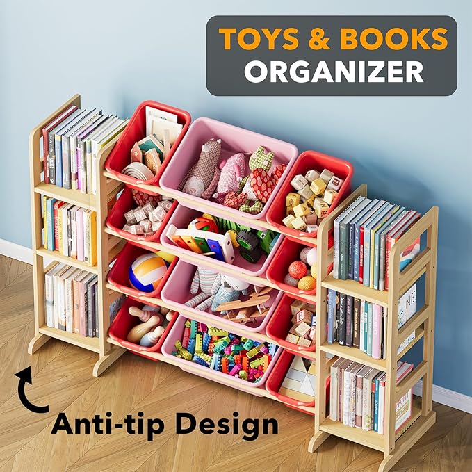 SpaceAid Toy Storage Organizer with 6 Shelves and 12 Bins, Toy Organizers Storage Bookshelf, Kids Bin Shelf Toys Box Bookcase for Bedroom Playroom Organization Room Decor, Red and Pink-Ruum Studio Home