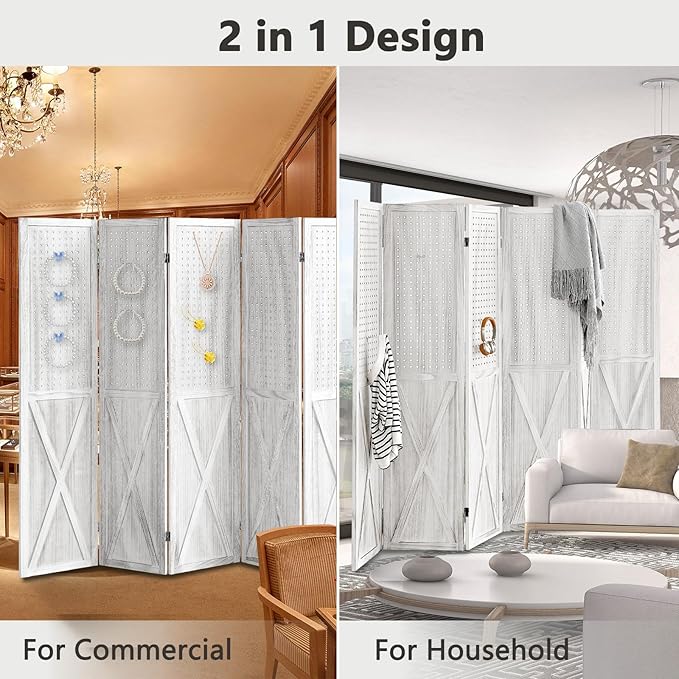 6 Panel Pegboard Room Divider, 5.6Ft Pegboard Display Folding Privacy Screens, Wood Room Divider Peg Board Display Freestanding for Trade Show Craft Show Home Wall Organizer, Retro White-Ruum Studio Home