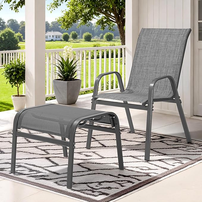 Outdoor Ottoman Set of 2, All Weather Outdoor Foot Stool with Supportive Textliene and Metal Frame, Stackable Oversized Outdoor Foot Rest for Furniture Patio Garden Pool, Grey-Ruum Studio Home