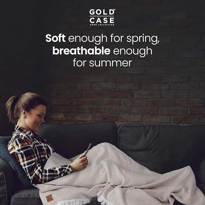 Gold Case Throw Blanket for Couch – 100% Recycled Turkish Cotton Blankets & Throws – Elegant Decorative Throw Blankets for Living Room Sofa – Woven Throws for Couch – Elegant Beige – 60x80-Ruum Studio Home