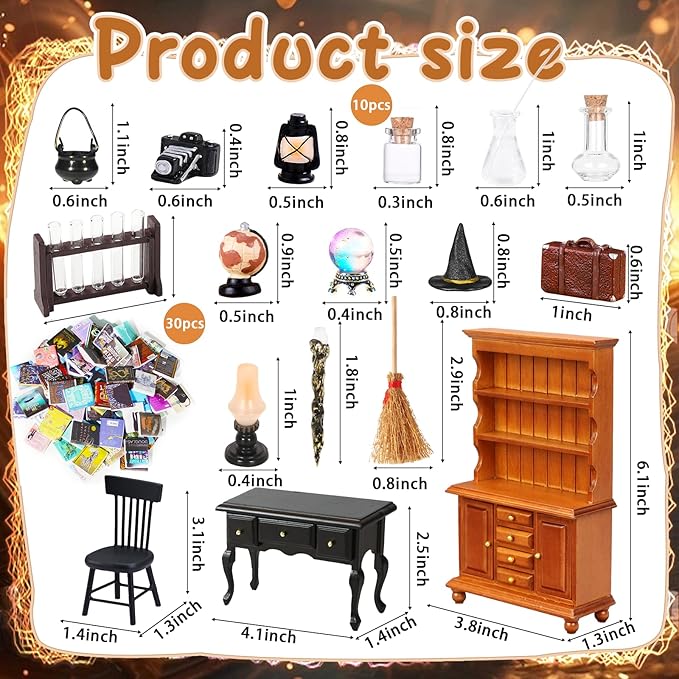 Rileryan 54 Pcs 1:12 Scale Magic Witchy House Kit Miniature Furnitures Accessories Mini Wooden Bookshelf Bookcase 30 Mini Books Desk Chair Halloween Decoration-Ruum Studio Home