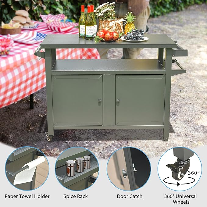 Domi Grill Carts Outdoor Storage Cabinet with Wheels, Metal Outdoor Grill Cart Kitchen Dining Table Cooking Prep BBQ Table for Patio, Kitchen Island, Home Party, Bar (Grey)-Ruum Studio Home