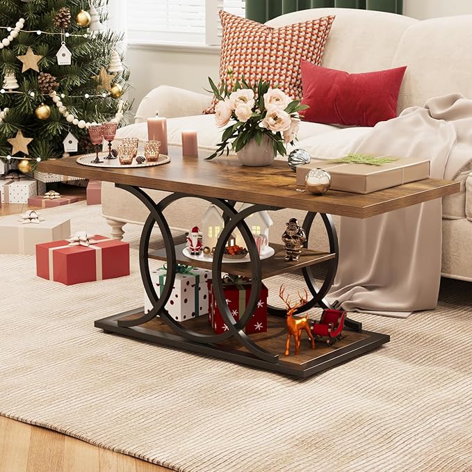 GiftGo Rustic Coffee Table with Storage Industrial 3 Tier Center Living Room Table Farmhouse Wooden Rectangle Cocktail Tea Table for Office Bedroom Elegant Full Moon Round Metal Frame (Brown, L-47)-Ruum Studio Home
