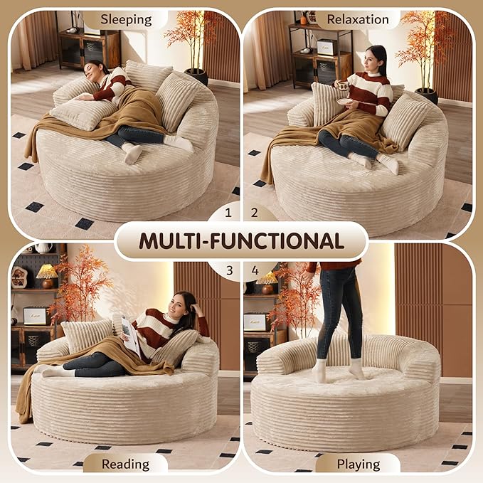 ovios 58" Oversized Round Chair Lounge Chaise Indoor, No Assembly Required, Cloud Large Circle Chair with Plush Fuax Fur, Fluffy Modern Sleeper Sofa Bed for Reading Yoga, Beige (Plush Corduroy Fabric)-Ruum Studio Home