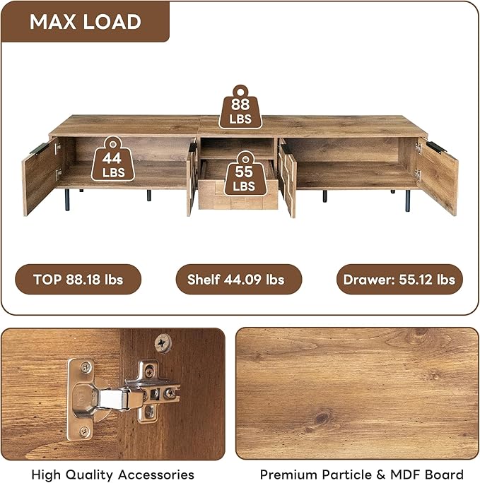 Modern TV Stand for TVs up to 85", Mid-Century Media Console with Checkered Cabinet Doors, Storage Drawers & Open Shelves, Wood Entertainment Center with Metal Legs-Ruum Studio Home