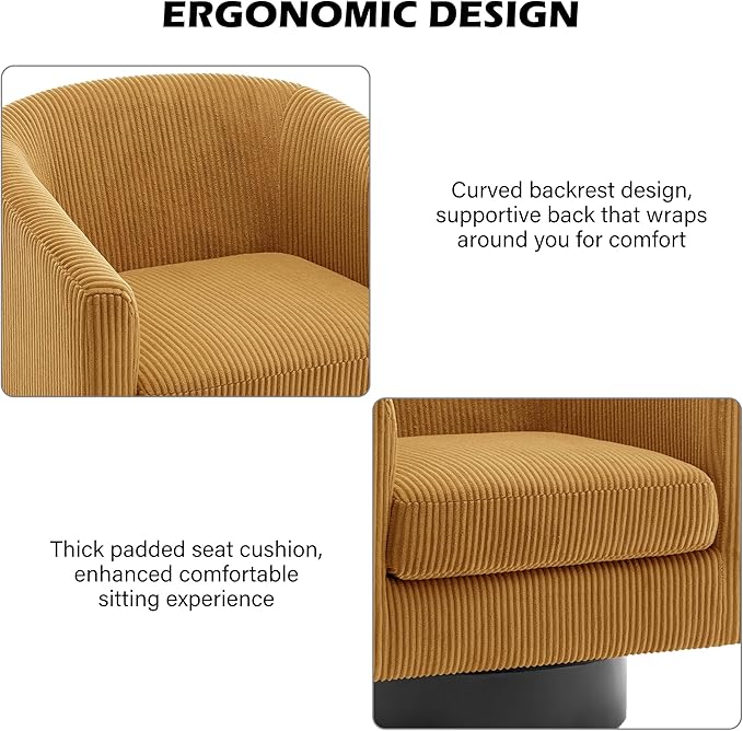 Swivel Barrel Accent Chair, Modern Round Corduroy Fabric Arm Chair for Living Room, Bedroom, Comfy Club Reading Chairs for Adults, Corduroy Orange, Set of 2-Ruum Studio Home