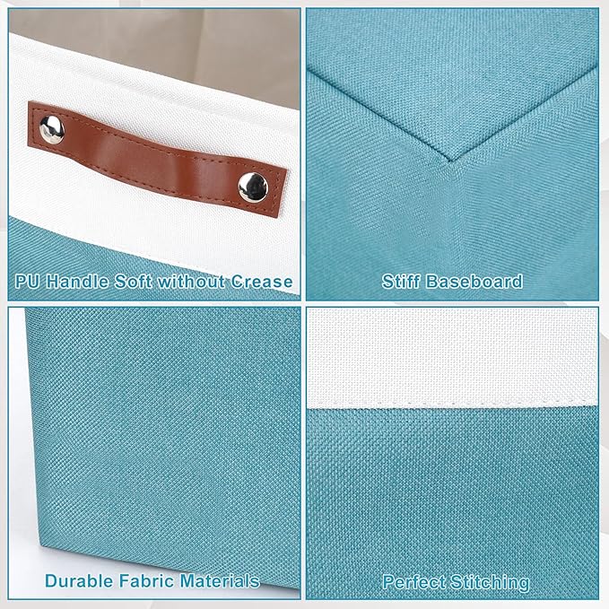 Large Fabric Storage Baskets | 50L Storage Bins, Decorative Linen Closet Baskets with Handles for Organizing, Shelf, Toys, Clothes, Home, Office, Nursery, 17x12x15Inches (Teal&White)-Ruum Studio Home