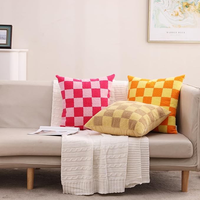 Alysheer Checkered Embroidered Decorative Throw Pillow Covers 18"x 18" Set of 2, Farmhouse Cottage Hot Pink Plaid Tufted Patterned Cotton Canvas Cushion Case for Sofa Couch Bed Living Room-Ruum Studio Home