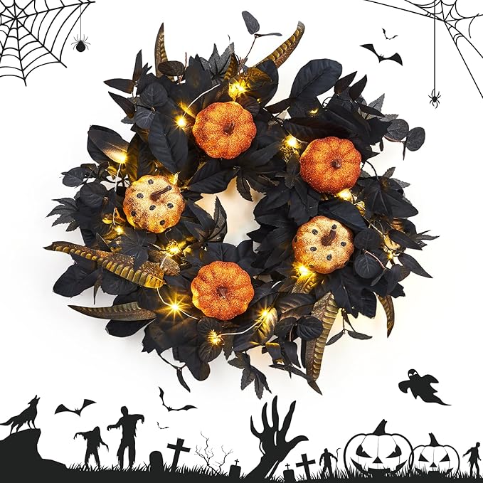 GarveeHome Halloween Wreath for Front Door, 18 Inch Fall Wreath with Pumpkins and Maple Leaves for Indoor Outdoor Wall Window Porch Patio Garden Farmhouse Home Party Prom Decoration-Ruum Studio Home