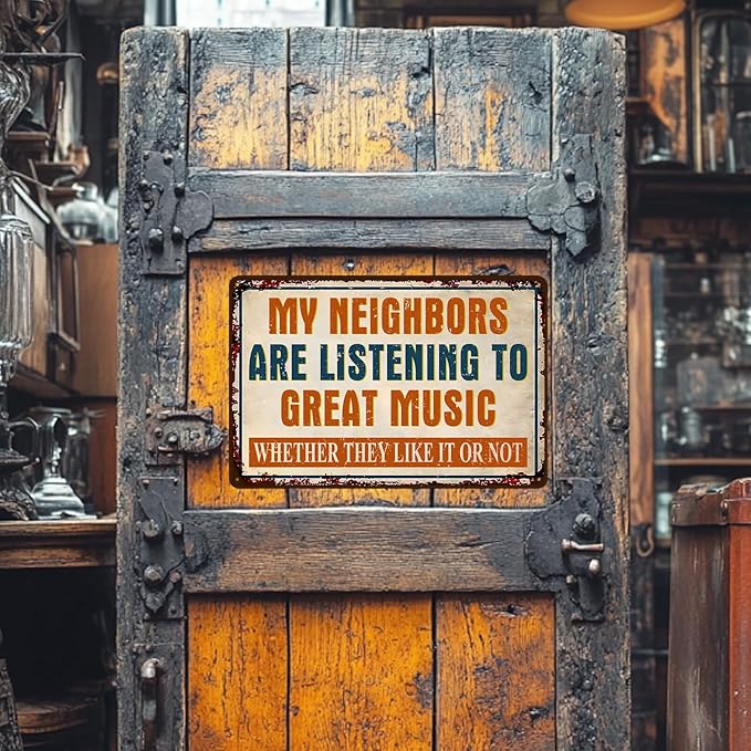Man Cave Signs Garage Decor Vintage Music Wall Art for Game Room Patio Home Bar - Funny Garage Accessories for Men My Neighbors Are Listening To Great Music Metal Sign Gifts 8x12 Inch-Ruum Studio Home