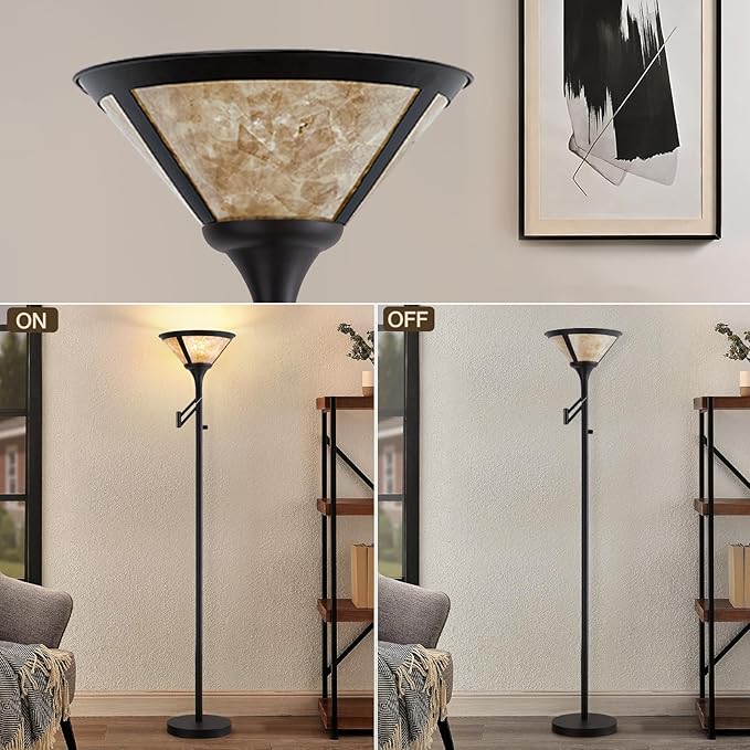 Floor Lamps for Living Room - 70" Black Torchiere Standing Floor Lamp with White Mica Shade - Tall Corner Lamp Decor for Bedroom with Adjustable Swing Arm LED Reading Light for Home Office-Ruum Studio Home