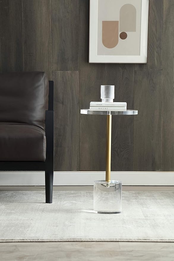 Clear Acrylic End Table,Side Table,Brushed Brass Metal,Round,for Office, Living Room and Bedroom,Easy Assembly,12x12 inch，21.3 inch high-Ruum Studio Home