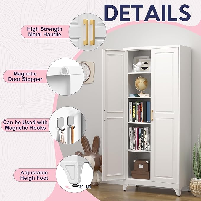 75" Storage Cabinet, Metal Pantry Cabinet, Kitchen Pantry Storage Cabinets with Doors and 4 Shelves, Cabinets for Laundry Room, Living Room, Dinning Room, Assembly Required, White-Ruum Studio Home