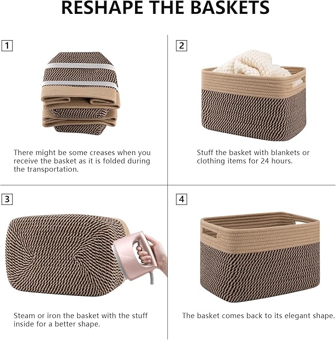 4 Pack Storage Baskets for Organizing, Woven Baskets for Shelves - Perfect for Toys, Books, Towels, and Clothes, Durable Gift Basket Bins Toy Storage, 13''L x9''W x7.8''H, Black and Brown-Ruum Studio Home