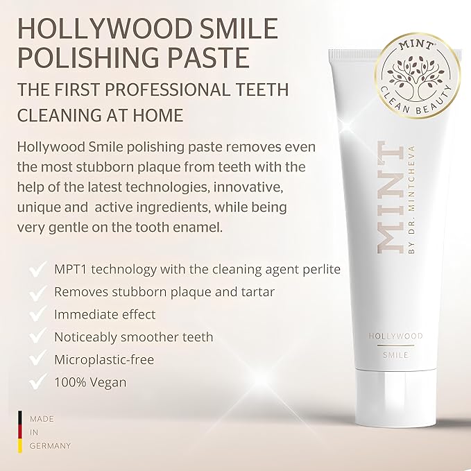 Mint Hollywood Smile polishing Paste with whitening Effect (1x 75 ml) - Professional Teeth Cleaning at Home - Effective deep Cleaning - Smooth, White Teeth - Microplastic-Free - by Dr. Mintcheva-Ruum Studio Home