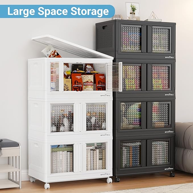 400Qt Stackable Storage Bins with Lids, 100Gal Closet Organizers and Storage Drawer, Plastic Collapsible Storage Bins with Doors, Heavy Duty Store Box Cabinet for Home Kitchen, 4Pack Black-Ruum Studio Home