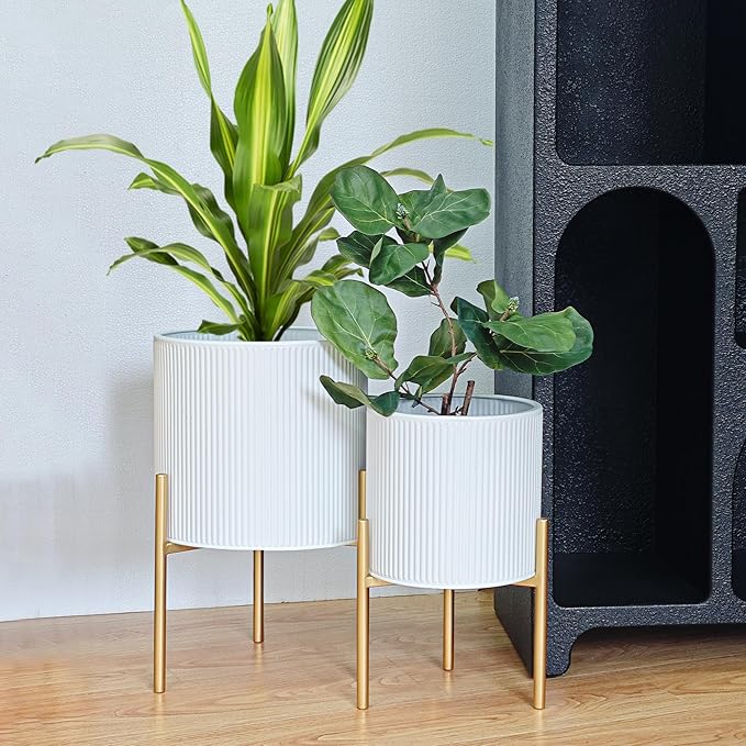 ARNIS Modern Planter Pots, Set of 2 Round Large Planters with Stand, Decorative Floor Planters, Metal Pots with Drainage Holes for Living Room, Office, Garden or Balcony, 8.25 &10.5 Inch, White & Gold-Ruum Studio Home