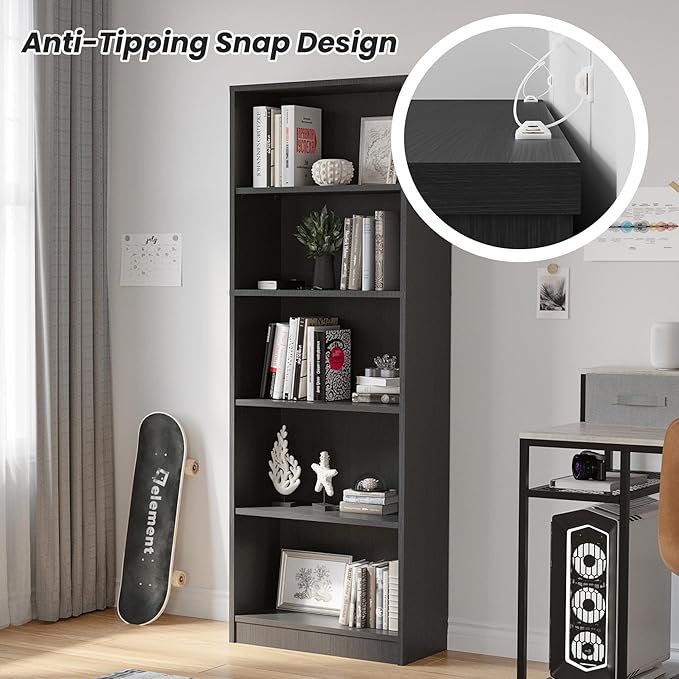 Bookshelf, Open Modern Bookshelf, 5 Shelf Bookcase with Freestanding Display Storage, Wooden Book Shelf for Bedroom, Living Room, Dinning Room, Office, Dray-Ruum Studio Home