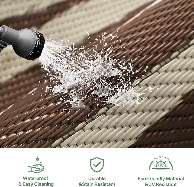 GENIMO Outdoor Rug Waterproof for Patio, 10'x14' Foldable Reversible Plastic Straw Carpet for Travel Trailers, Outside Area Mat for Rv, Deck, Picnic, Porch, Camper, Balcony, Beach, Coffee & Beige-Ruum Studio Home