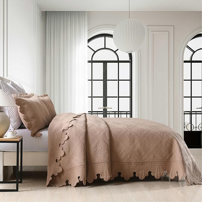 MarCielo 3-Piece 100% Cotton Oversized Bedspread Lightweight Quilt Coverlet Embroidery Farmhouse Bedding Set (TK Pale Taupe Camel, Oversized Queen (100"x106"))-Ruum Studio Home