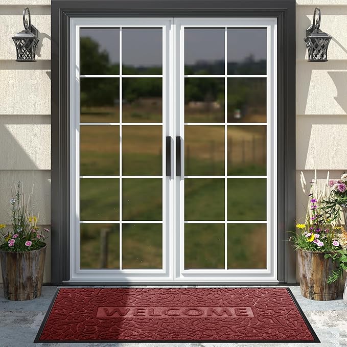 Yimobra Welcome Front Door Mat Outdoor, Heavy Duty Sturdy Non Slip Doormats, Rubber Backing, Low-Profile Entrance Rugs, Absorbent Resist Dirt, Easy Clean Patio Garage Floor Mats, 60X36 Inch, Wine Red-Ruum Studio Home