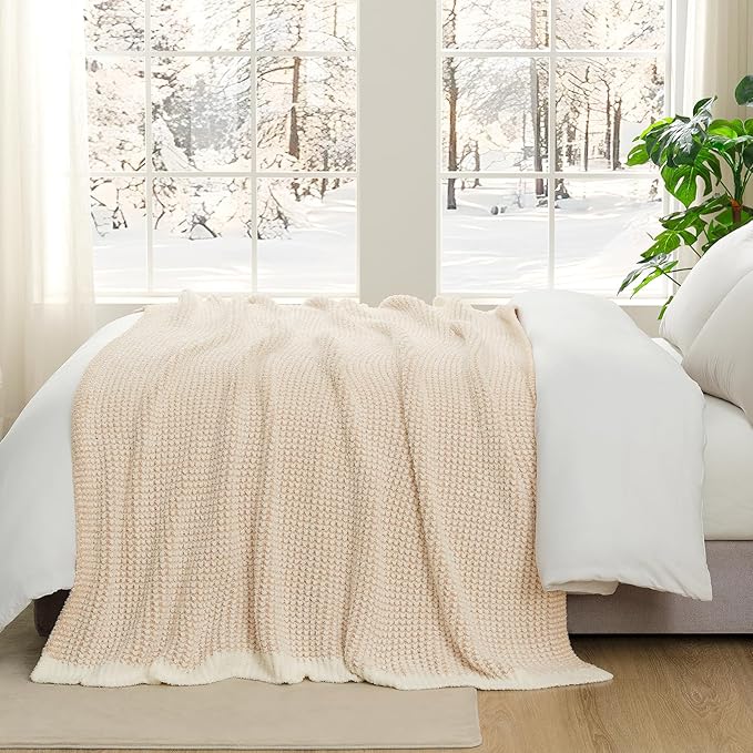 Snuggle Sac Cream Waffle Blanket for Couch Bed Sofa 60x80 inches, Reversible Beige Soft Throw Microfiber Fluffy Fuzzy Cozy Knit Twin Blanket for Women Mothers Birthday Gifts-Ruum Studio Home