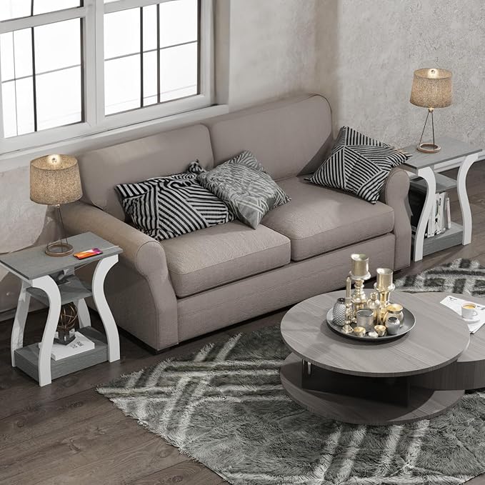 End Tables Living Room Set of 2,Grey End Table with Charging Station,Grey Side Table, Nightstand for Bedroom, 3 Tier End Table with Storage Shelf for Living Room-Ruum Studio Home