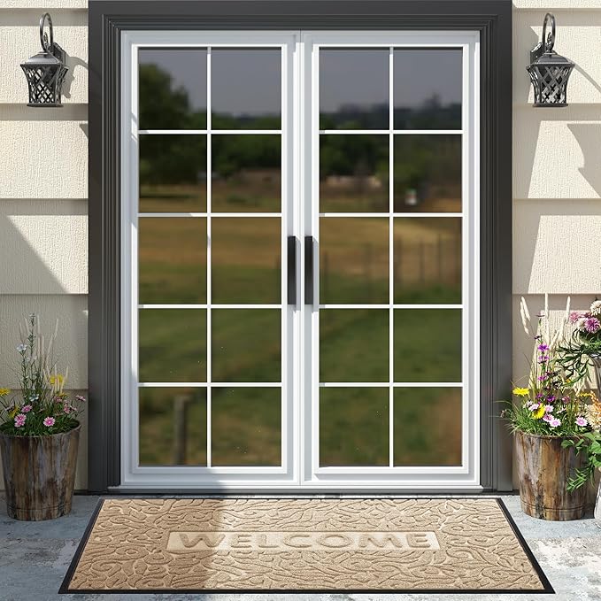 Yimobra Welcome Front Door Mat Outdoor, Heavy Duty Sturdy Non Slip Doormats, Rubber Backing, Low-Profile Entrance Rugs, Absorbent Resist Dirt, Easy Clean Patio Garage Floor Mats, 60X36 Inch, Beige-Ruum Studio Home