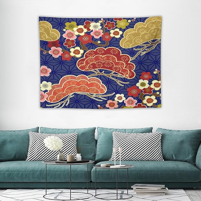 HZOHNAGO Japanese Tapestry Art Abstract Colorful Cherry Blossom Blue Background Pattern Printed Wall Tapestry Painting Wall Hanging for Bedroom Living Room Dorm 40" W x 30" H-Ruum Studio Home
