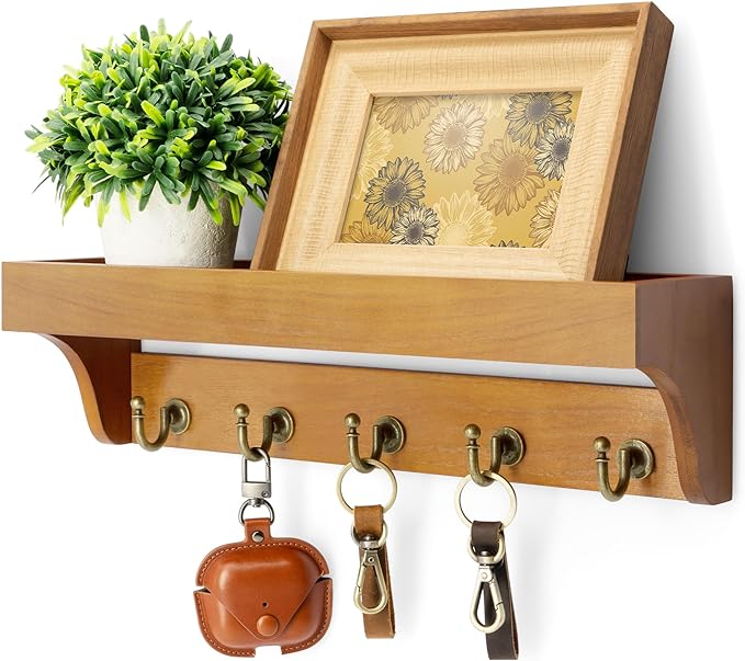 Rebee Vision Decorative Key Holder for Wall with Shelf: Farmhouse Mail Rack with 5 Sturdy Key Hooks for Home Decor, Apartment, Entryway and Hallway (Light Brown)-Ruum Studio Home