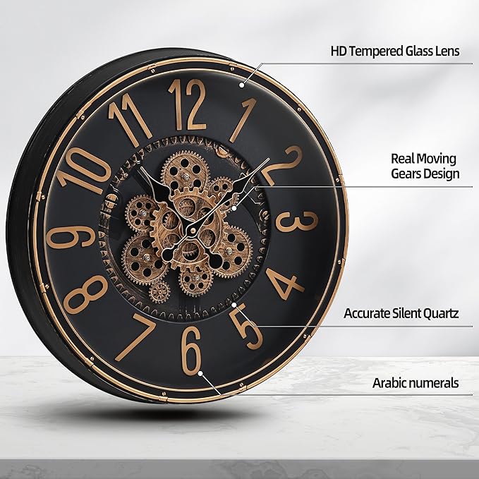Maxstar Large Moving Gear Wall Clock,20" Vintage Mechanical Battery Operated Industrial Wall Clocks for Farmhouse Living Room,Home Office, Dinning Room, Kitchen, Steampunk Decor-Gold,Arab Numeral-Ruum Studio Home
