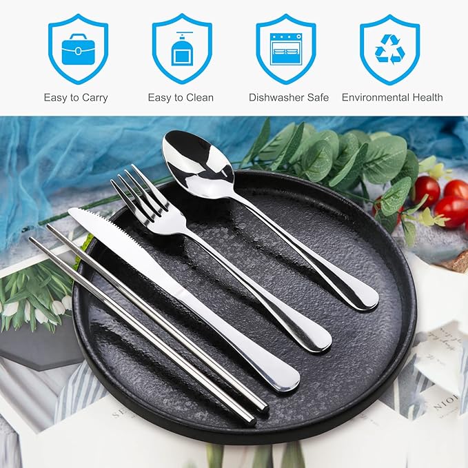10PCS Portable Silverware Set with Case, Lengnoyp Travel Camping Utensils Set, Premium Stainless Steel Travel Cutlery Set, Reusable Safe Flatware Sets for Lunch Box/Workplace/Students, Silver-Ruum Studio Home