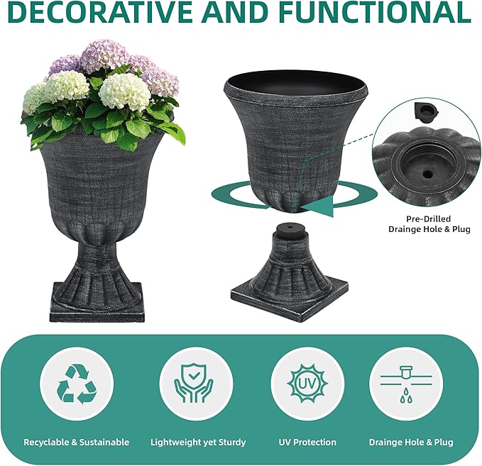 22" Timeless Urn Planters for Outdoor Plants, Set of 2 Plastic Large Flower Pot with Handmade Washed Black Finish, Weather-Resistant for Porch, Garden, Patio or Indoor Use-Ruum Studio Home