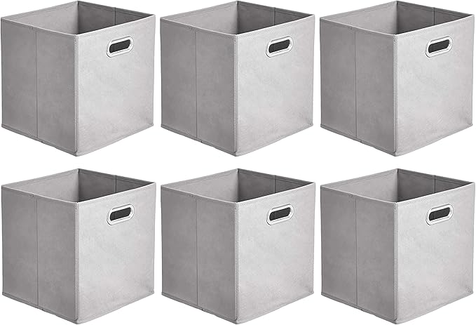 Amazon Basics Collapsible Cube Storage Organizer Bins, 6-Pack, 10.5 x 10.5 x 11 inches, Light Grey-Ruum Studio Home