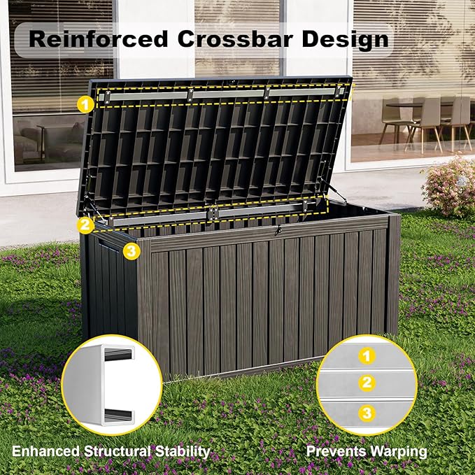 DRATO 150 Gallon Outdoor Storage Box, Large Waterproof Deck Box, Lockable Resin Storage Container with Reinforced Support for Patio Cushions, Garden Tools, UV-Resistant Outdoor Chest（Black）-Ruum Studio Home