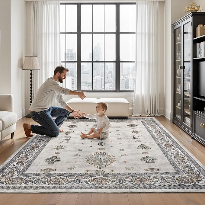 AMOAMI-Vintage Area Rug 6X9 Grey Rugs for Living Room-Soft Living Room Rug Non Slip Rugs for Bedroom Carpet Machine Washable Rug for Dining Room Bedside Office Room Decor-Ruum Studio Home