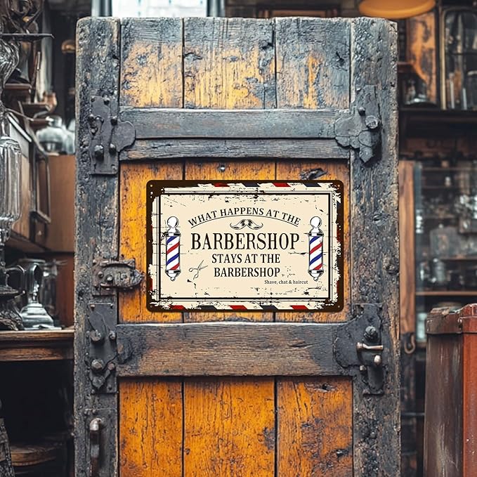 Barber Shop Decor Accessories - Vintage Barbershop Metal Tin Signs Haircut Wall Art Posters Gifts for Men Decorations - What Happens At The Barbershop Stays At The Barbershop Sign 8x12 Inch-Ruum Studio Home