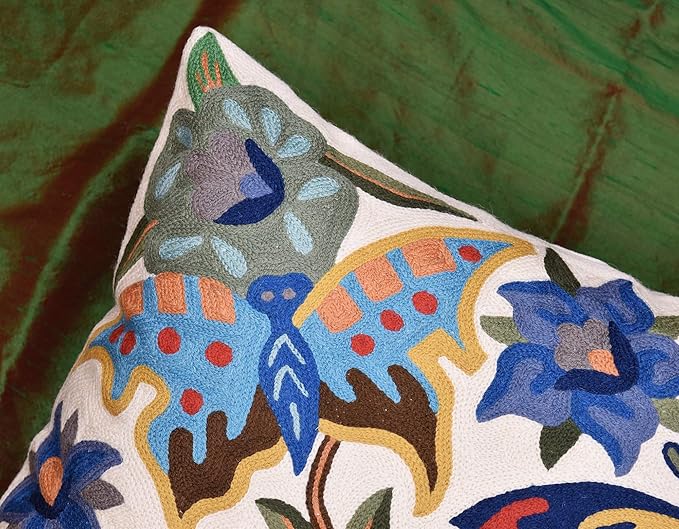 Butterfly Floral Decorative Pillow Cover Moth Botanical Flower Pillowcase Couch Hand Embroidered Flowery Outdoor Cushion Chair Suzani Accent Wool 18x18 Inch-Ruum Studio Home