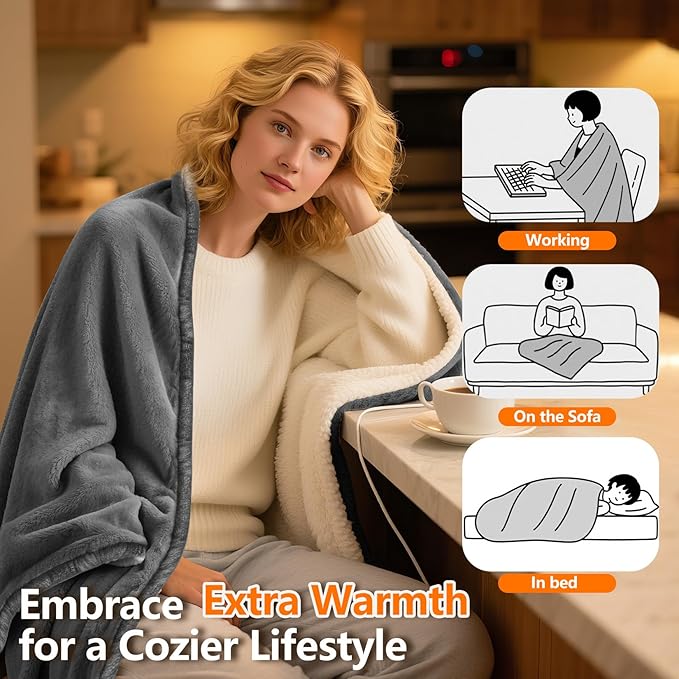 Heated Blanket Throw 50x60, Extra Plush 220GSM Flannel & Sherpa with Child Lock | 6-Level Smart Adaptive Heat & 8Hr Timer | ETL Certified Electric Blanket for Full Body Comfort-Ruum Studio Home