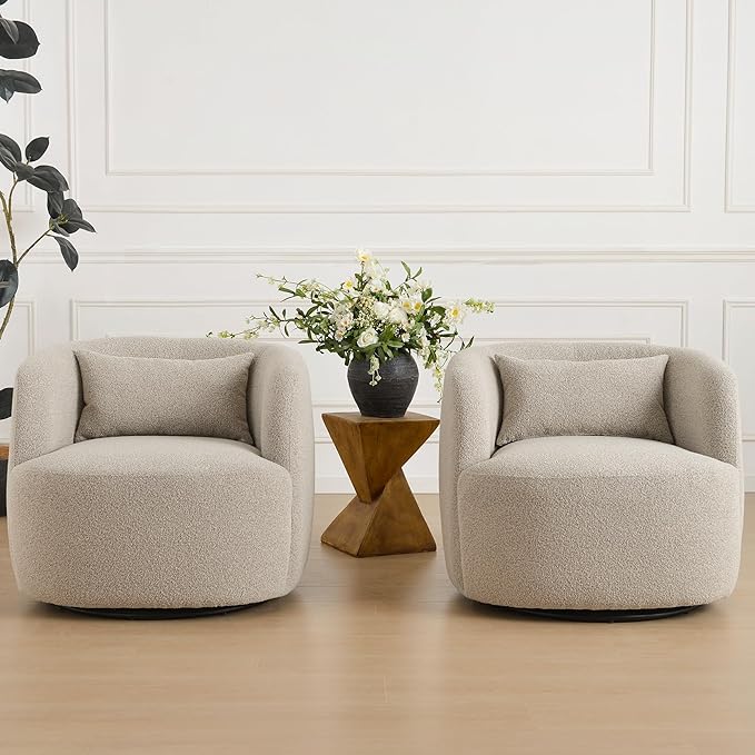 KINWELL 34" Wide Sherpa Swivel Barrel Chairs Set of 2, No Assembly Round Boucle Upholstered Accent Chairs Armchairs Single Sofa Chair with Toss Pillow for Living Room and Bedroom, Taupe-Ruum Studio Home